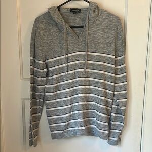 Express Men's Gray and White Hoodie Sweater